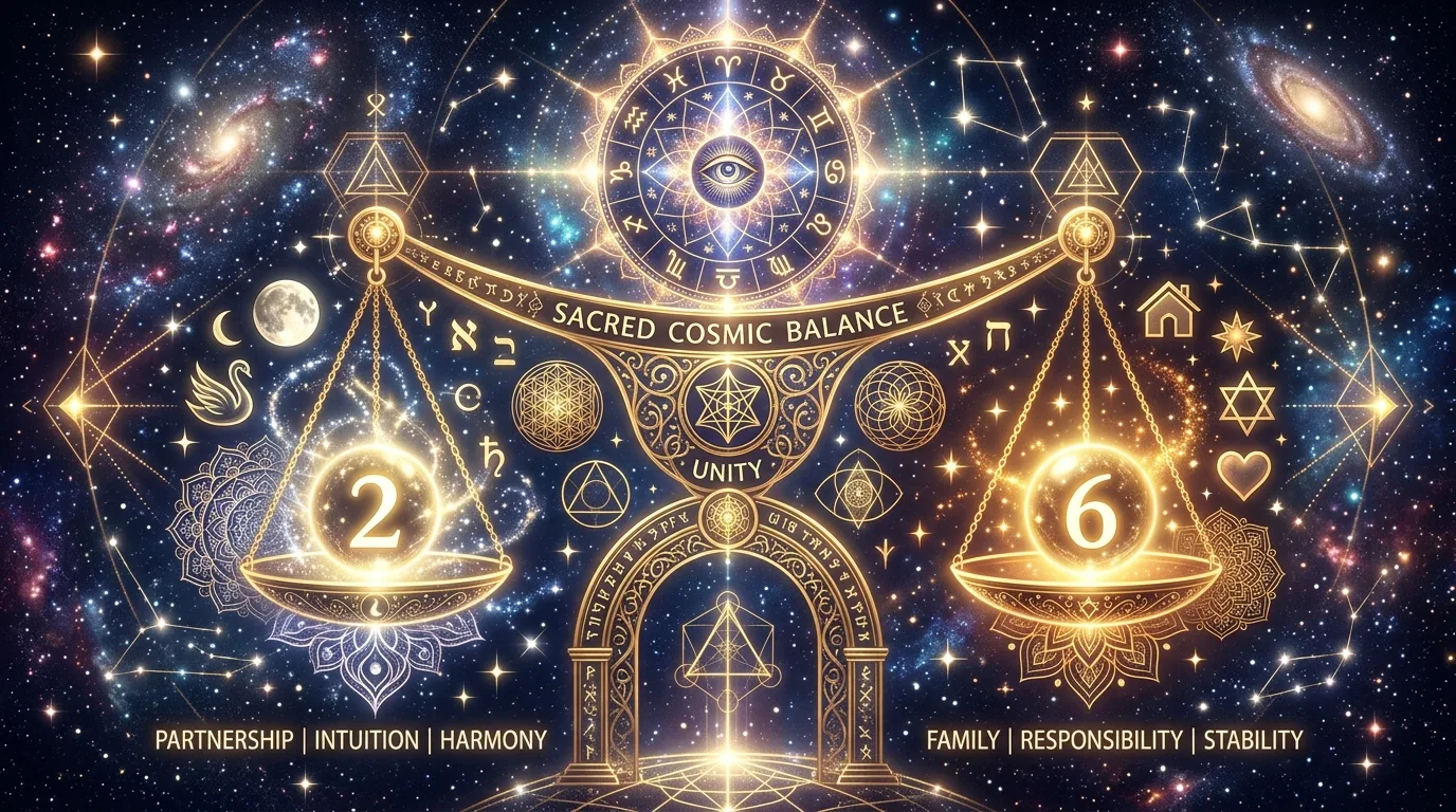 Sacred cosmic balance scale showing Number 2 and Number 6 in numerology