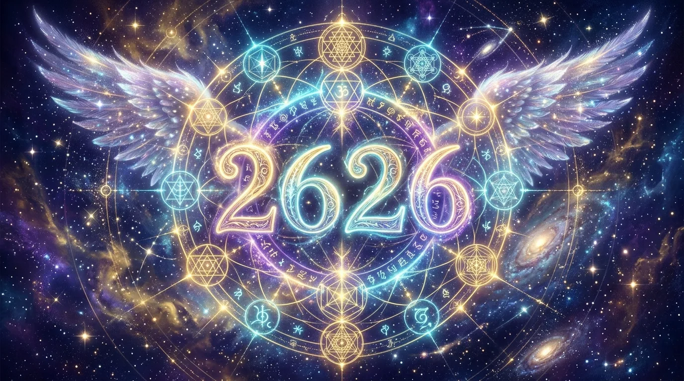Sacred 2626 Angel Number glowing with celestial wings and sacred numerology geometry