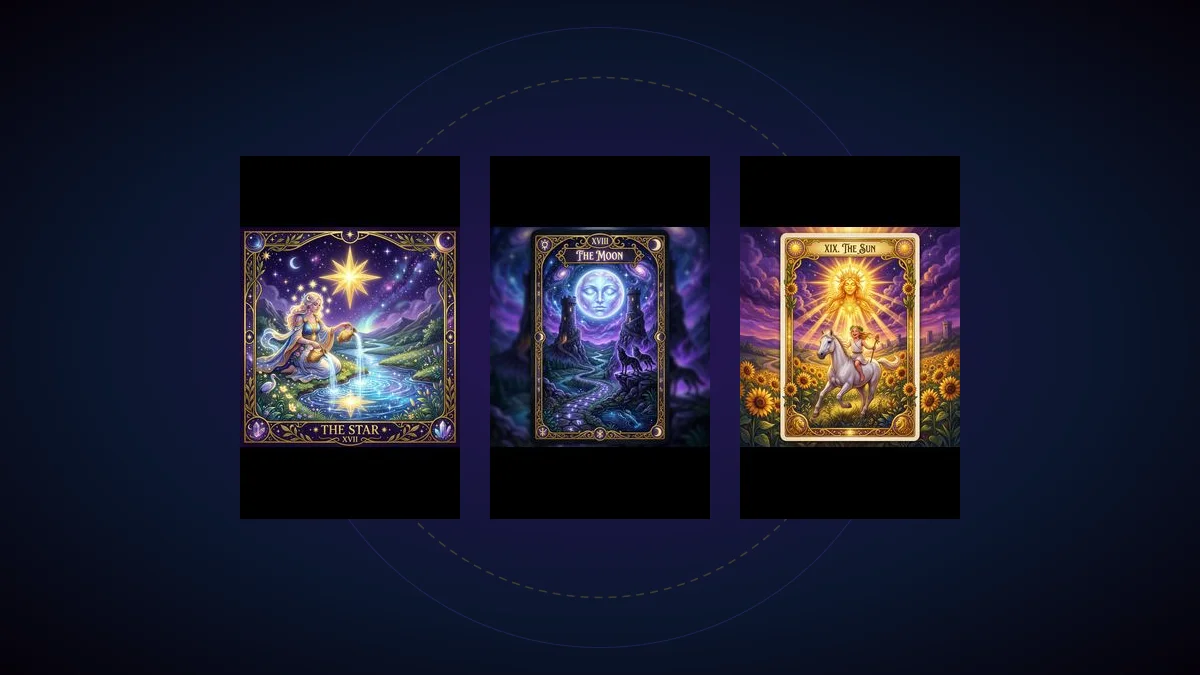 3-card tarot spread layout with Star Moon and Sun cards
