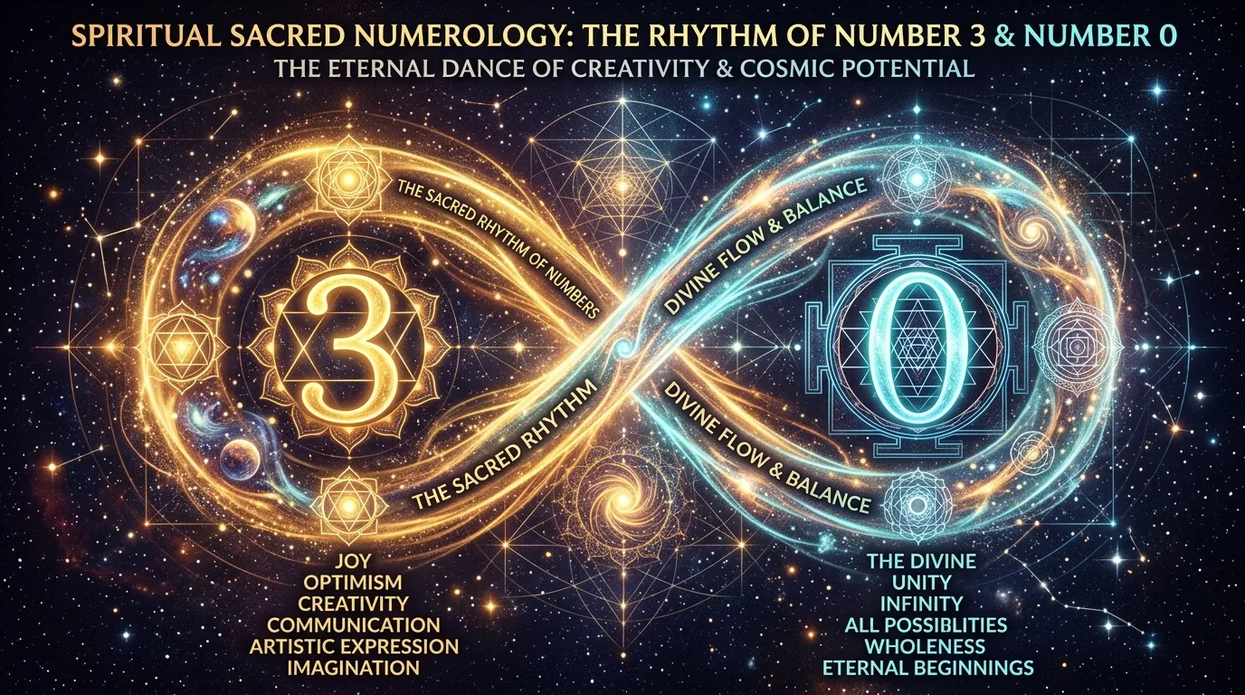 Spiritual sacred numerology infographic illustration showing the rhythm of Number 3 and Number 0
