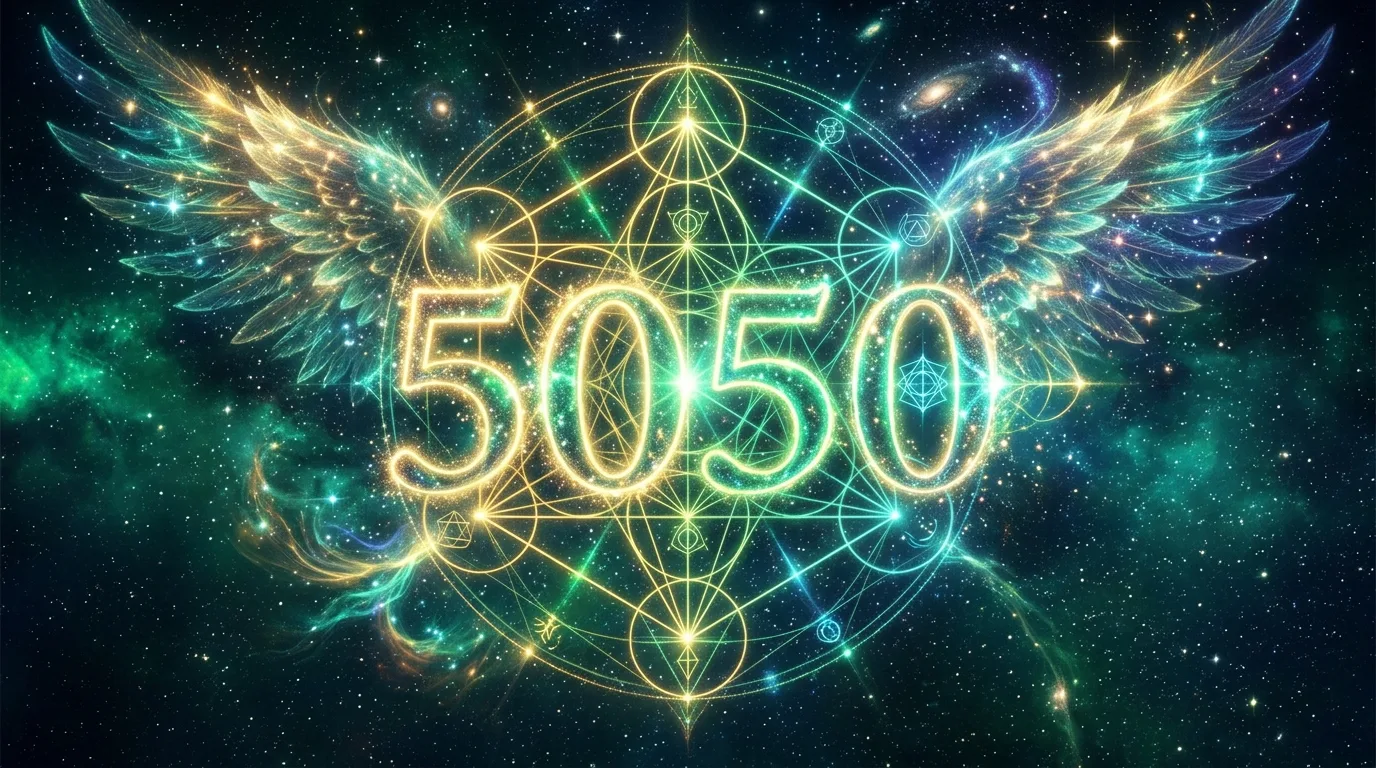 5050 angel number glowing with celestial wings and sacred numerology geometry