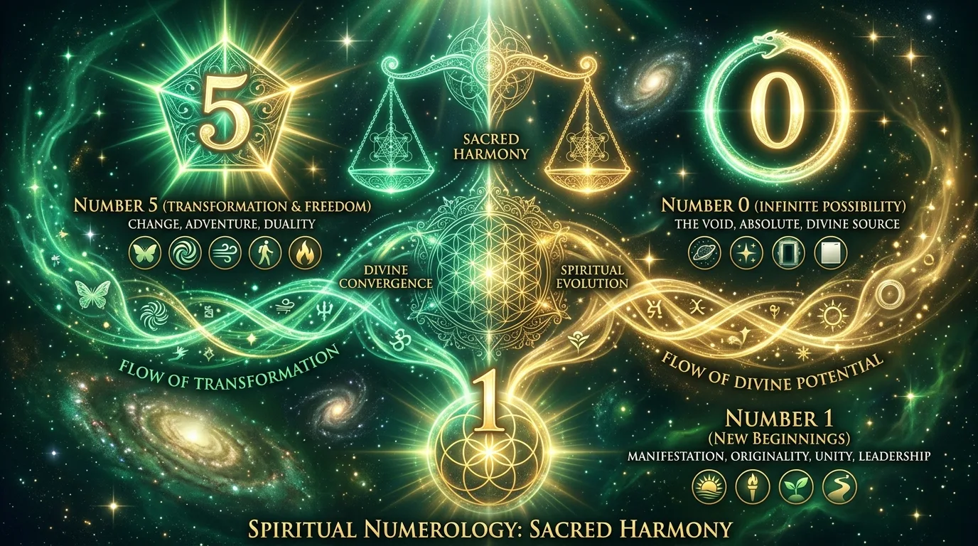 Numerology diagram showing the sacred harmony of Number 5 and Number 0 reducing to Root Number 1