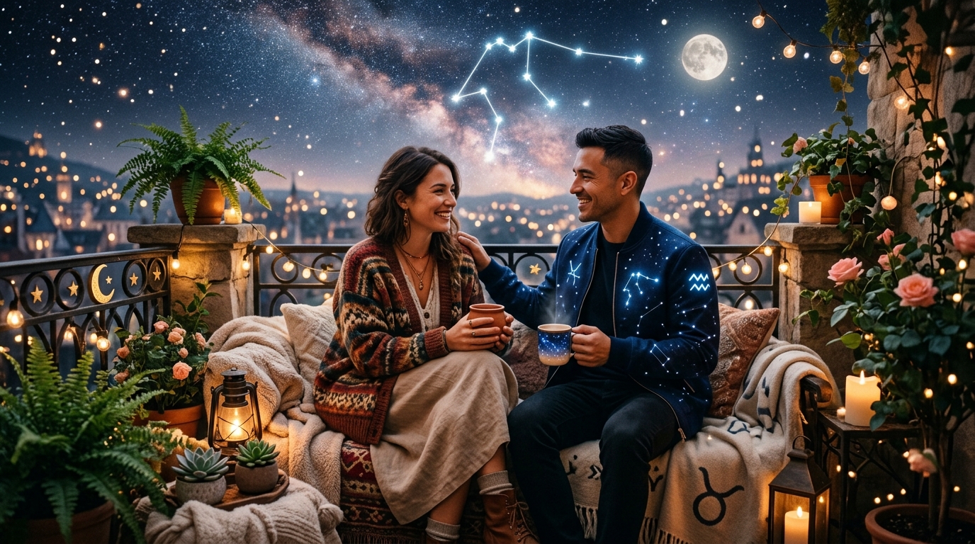 Aquarius and Taurus sharing thoughts and communication on a romantic balcony