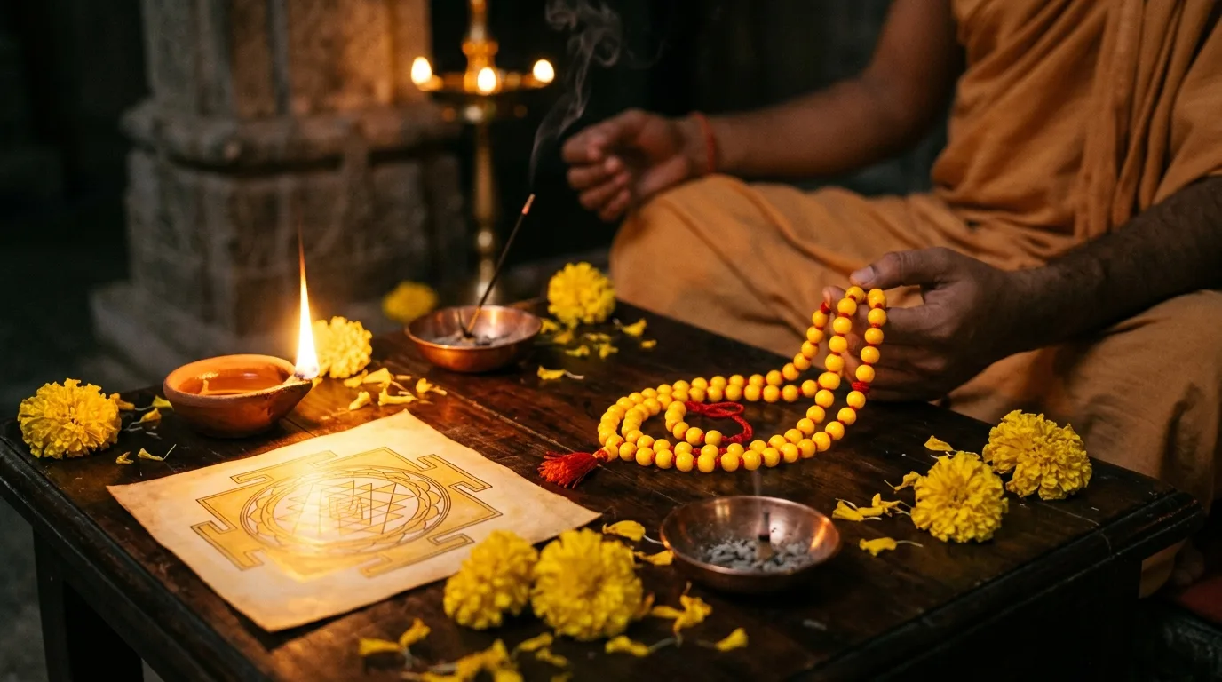 Sacred Vedic chanting altar with yellow Haldi mala, diya lamp and Sanskrit Yantra