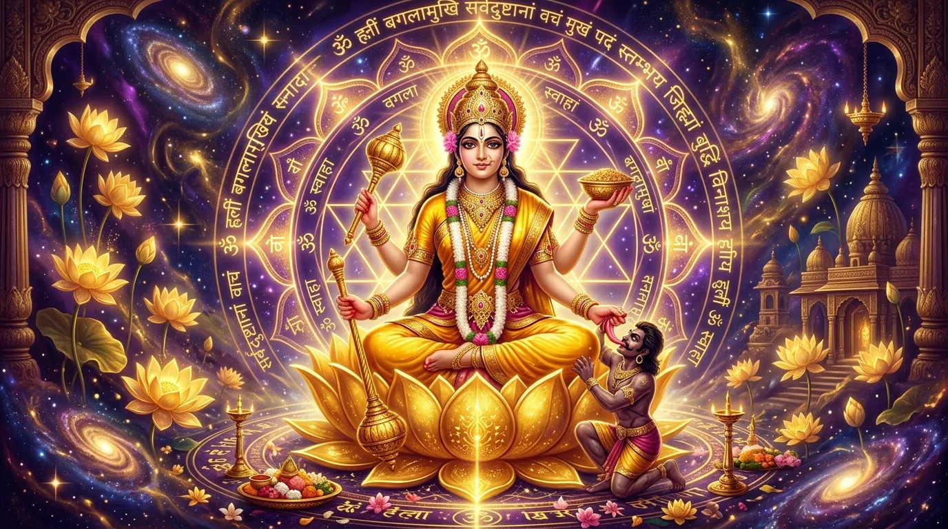 Maa Baglamukhi with glowing sacred Sanskrit Yantra, golden aura and lotus flowers