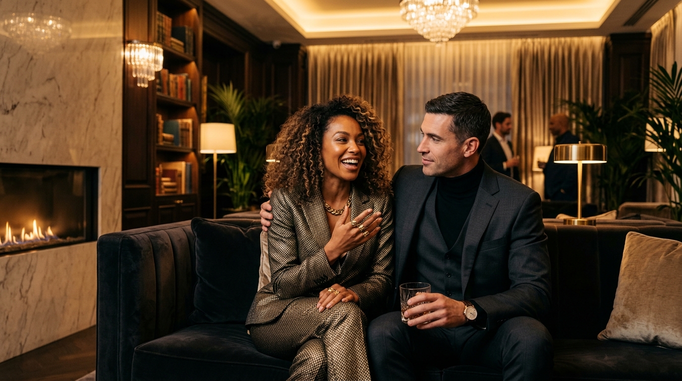 Leo and Capricorn sharing a conversation in an elegant lounge