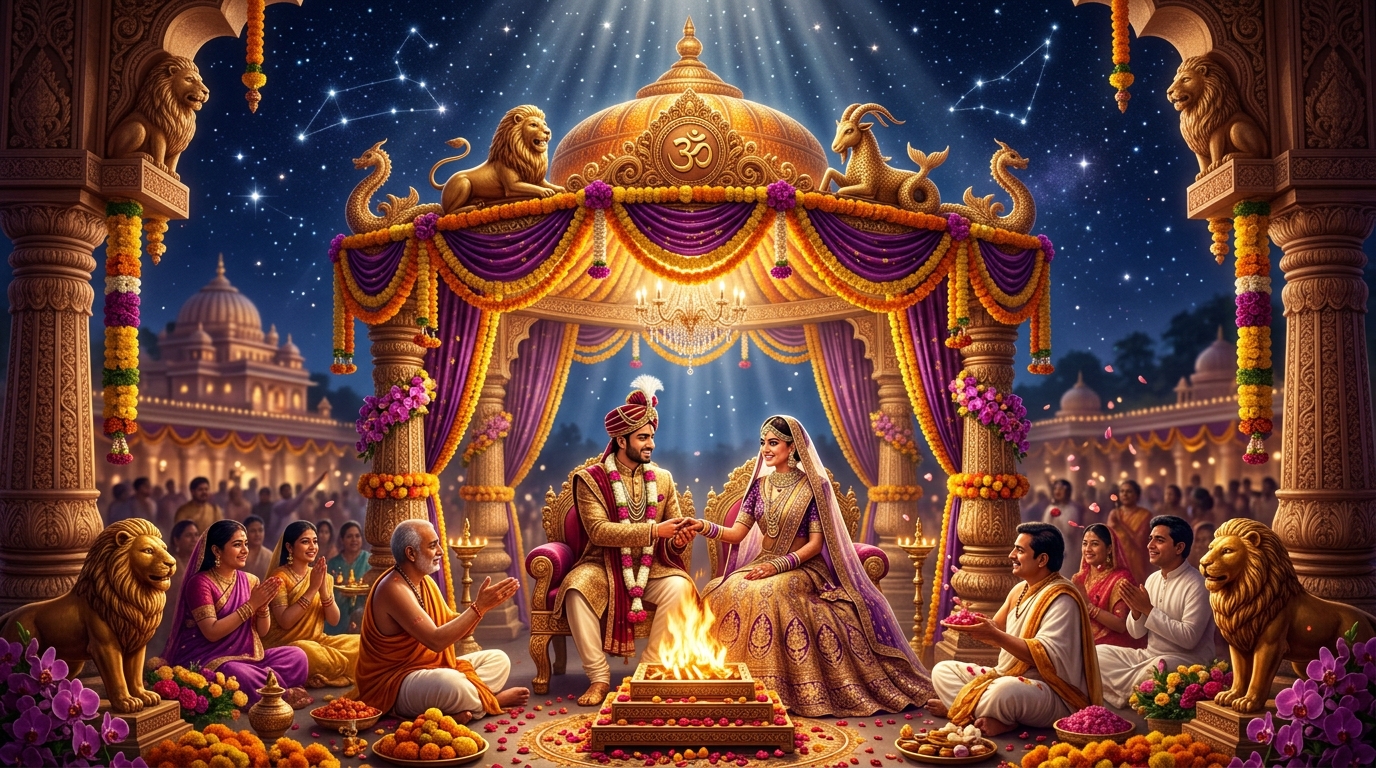 Regal Vedic marriage ceremony representing Leo and Capricorn union