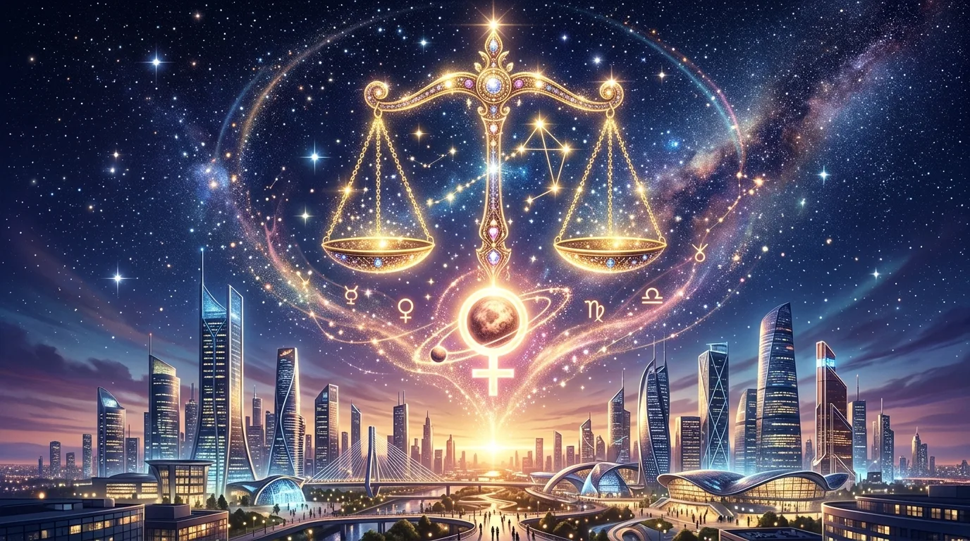 Cosmic golden scales of Libra constellation shining over modern city architecture representing career forecast 2026