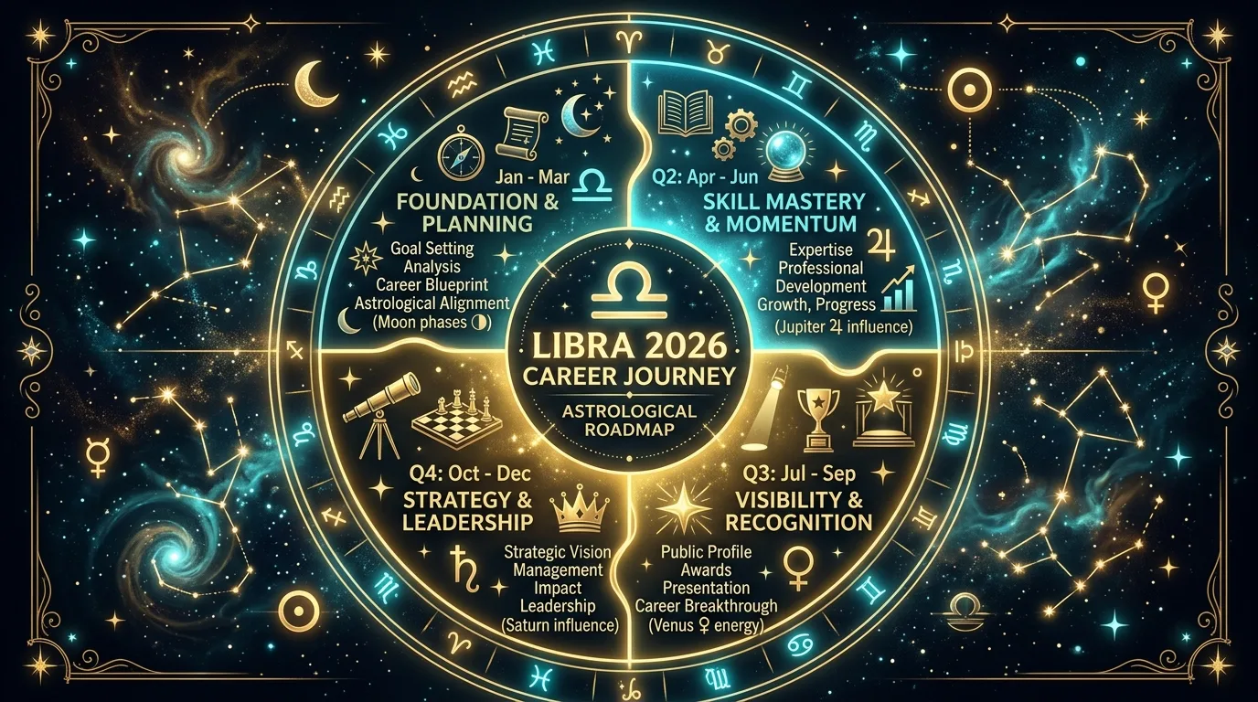 Astrological roadmap diagram for Libra 2026 career journey showing four quarterly phases
