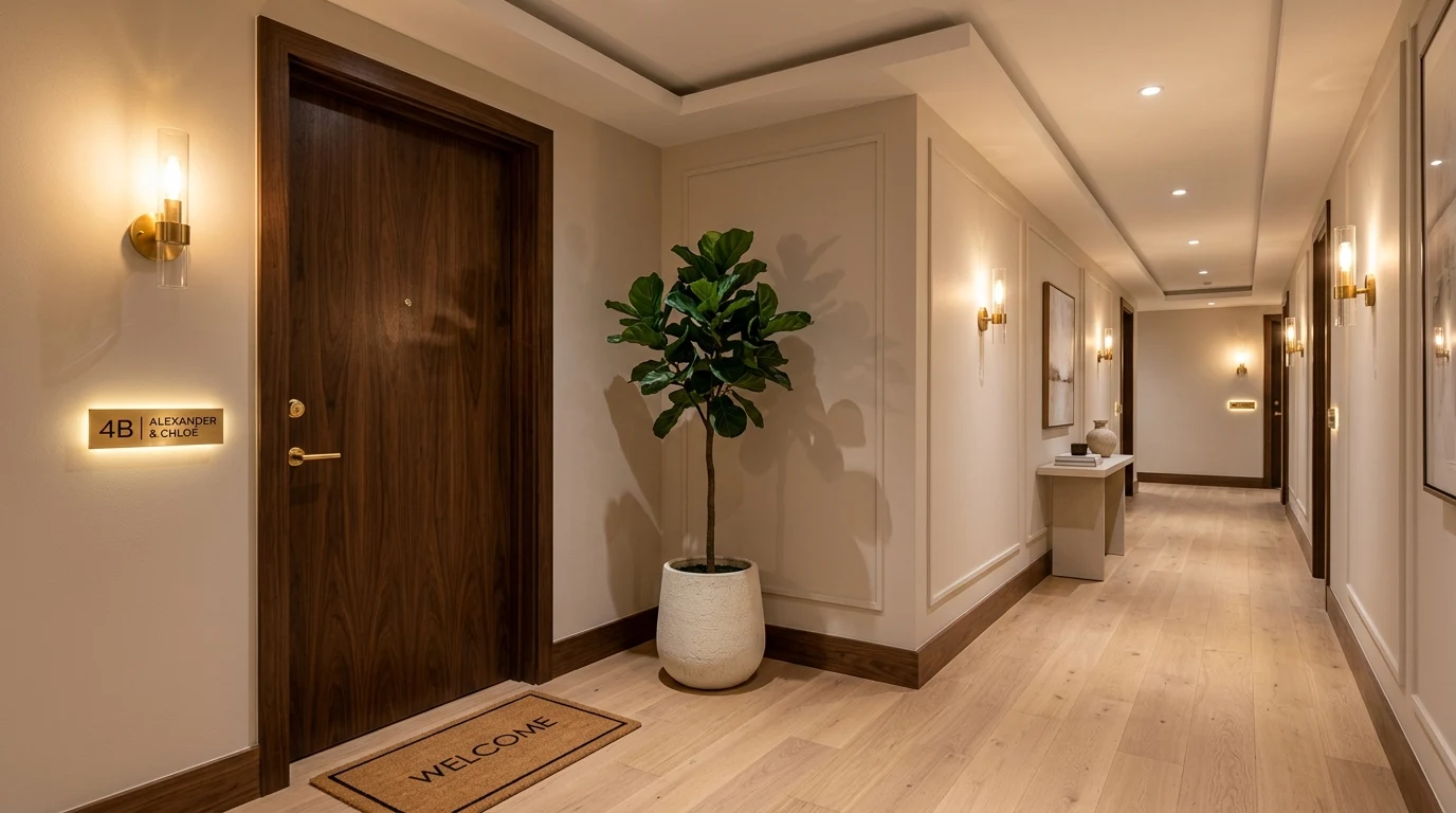 Apartment Entrance Hallway with Warm Sconce Lights and Clean Foyer
