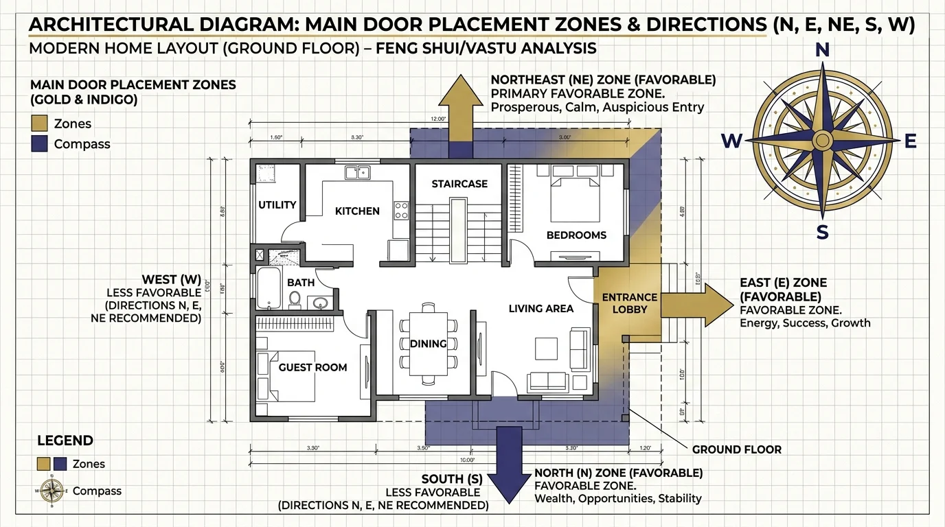 Main Door Placement Zones and Directions Architectural Diagram