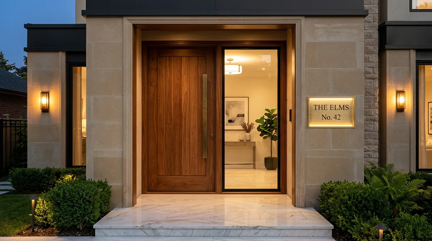 Solid Wood Main Door Design with Brass Hardware and Illuminated Nameplate