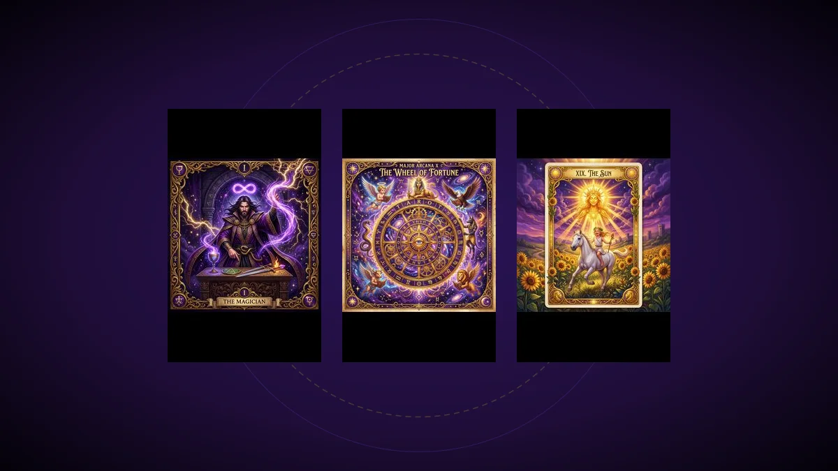 Major Arcana tarot cards Magician Wheel of Fortune and Sun