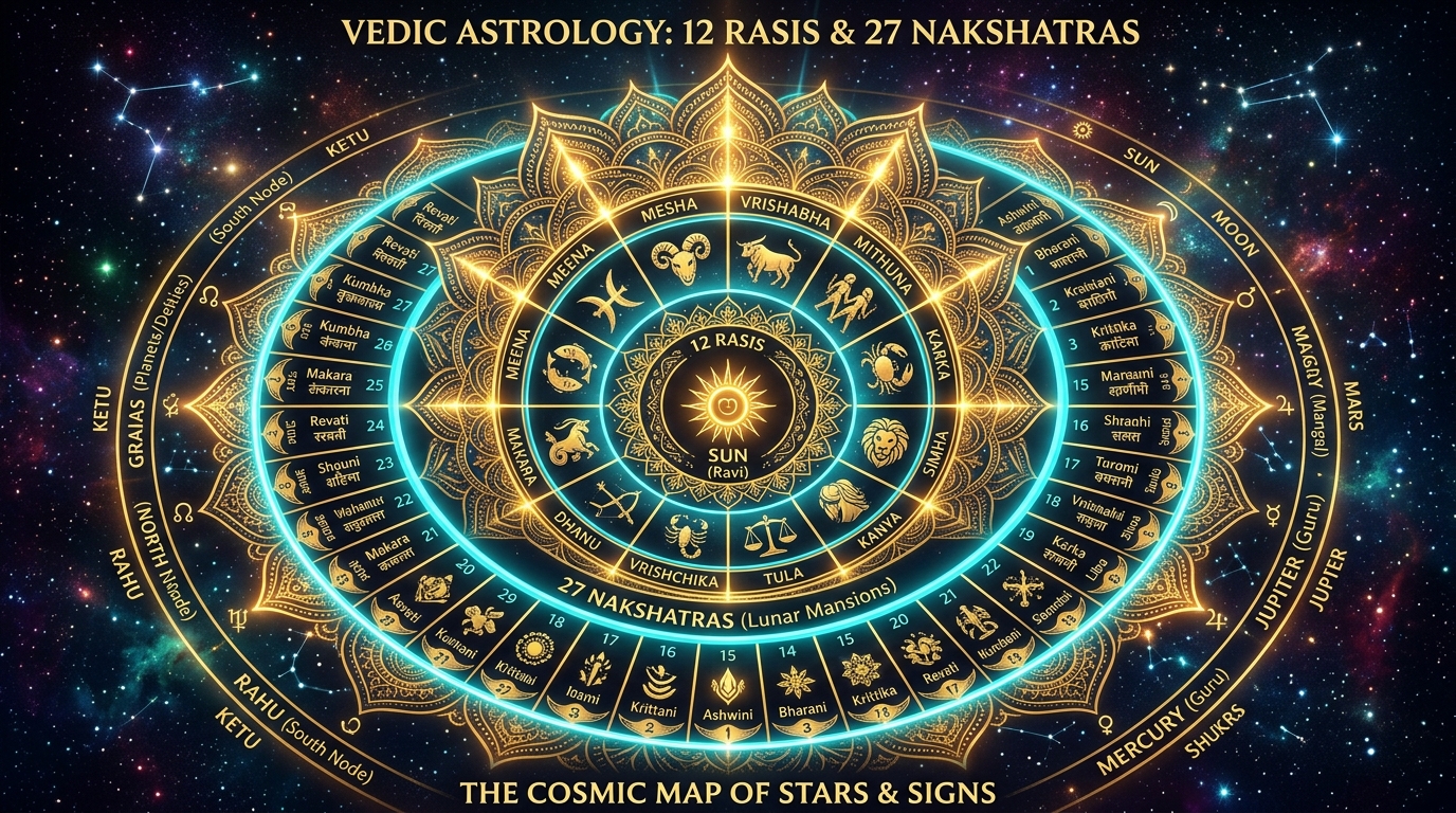 27 Nakshatras and 12 Rasis Vedic Astrology Mandala Wheel