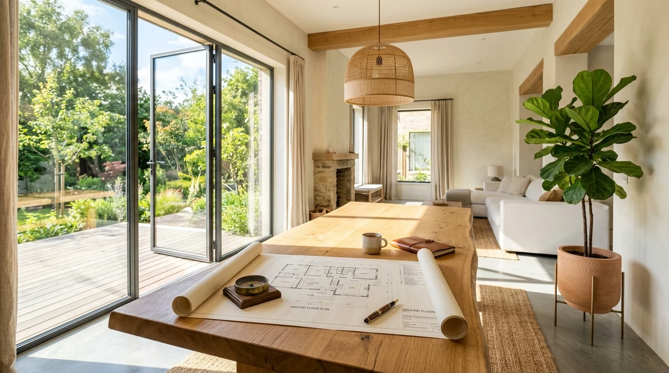 Home Buyers Evaluating House Facing and Floor Plan Blueprint