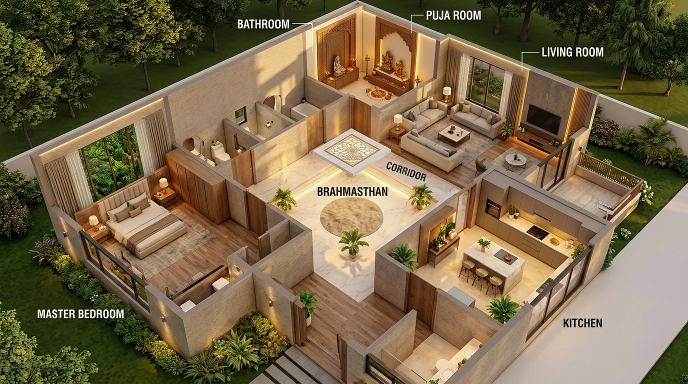 3D Floor Plan Layout Showing Ideal Vastu Room Placements