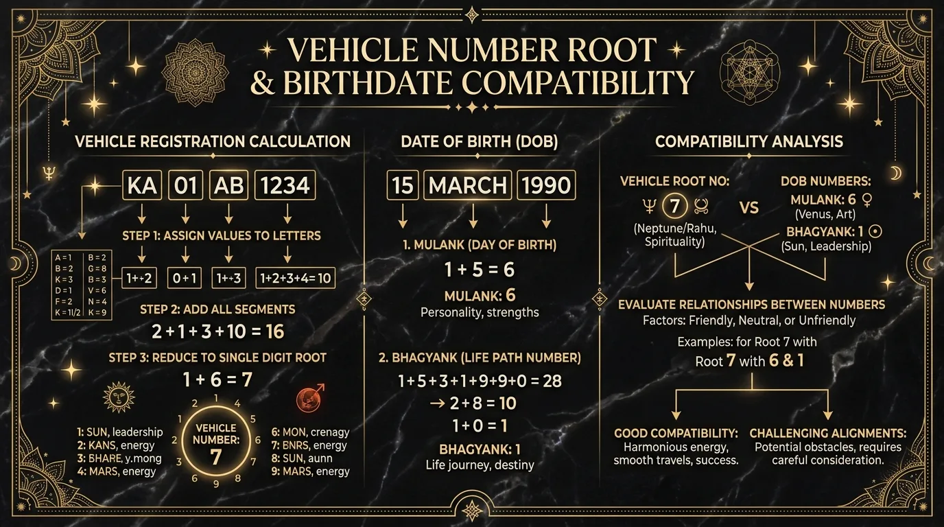 Infographic diagram showing vehicle registration number calculation and date of birth Mulank & Bhagyank compatibility