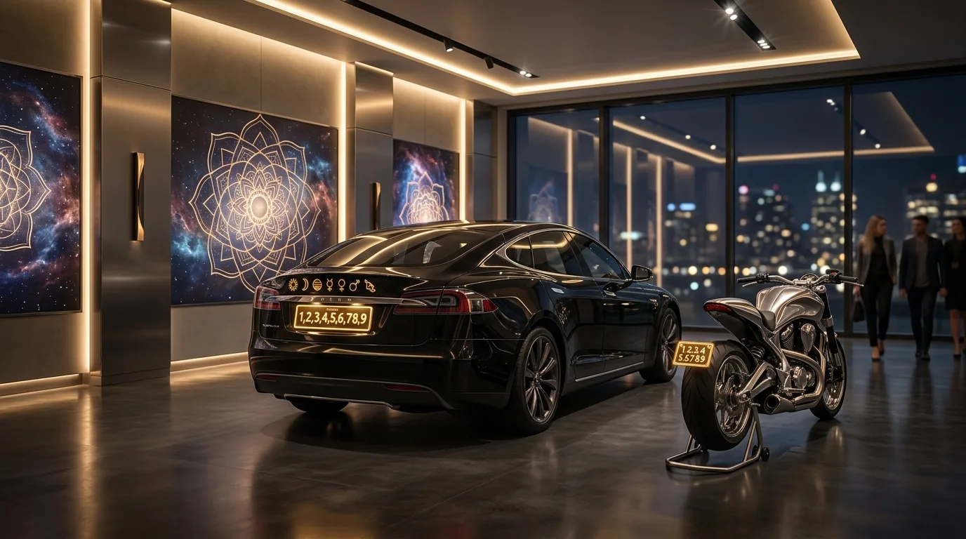 Luxury car and motorcycle in cosmic Indian showroom with illuminated numerology registration plates